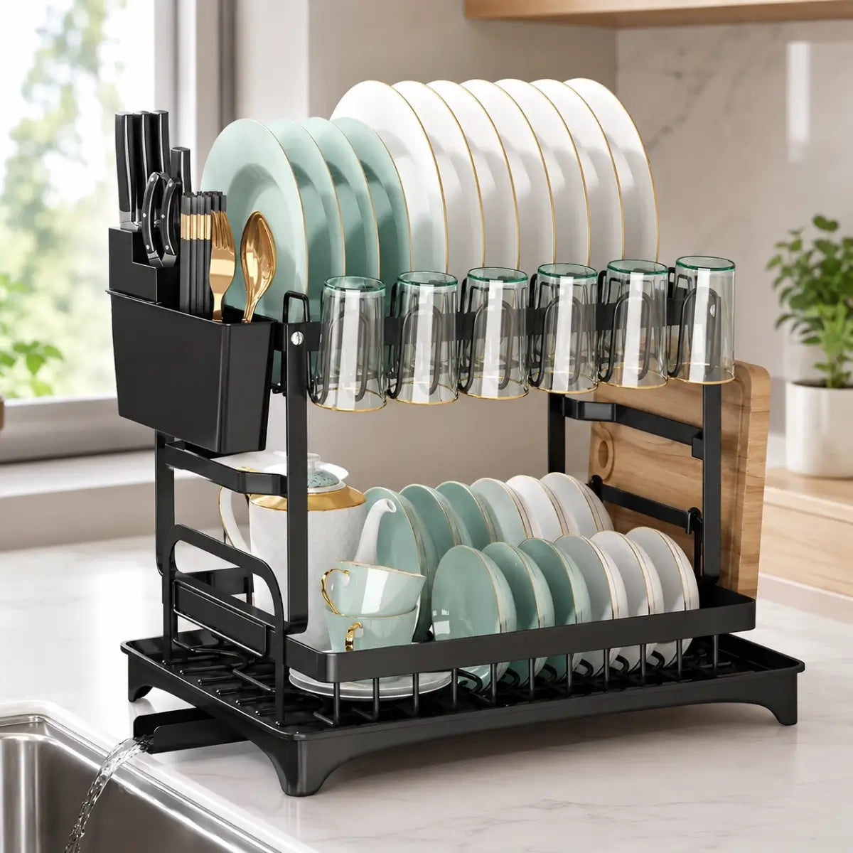 Escurridor de Platos de 2 Niveles con Drenaje Giratorio + Afilador de Cuchillos GRATIS