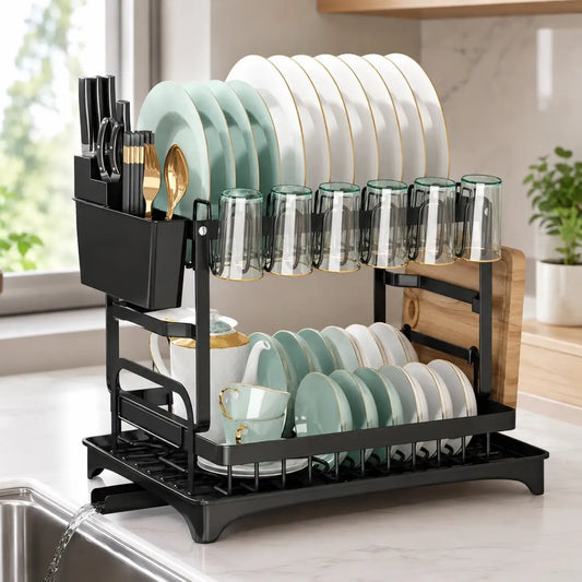 Escurridor de Platos de 2 Niveles con Drenaje Giratorio + Afilador de Cuchillos GRATIS