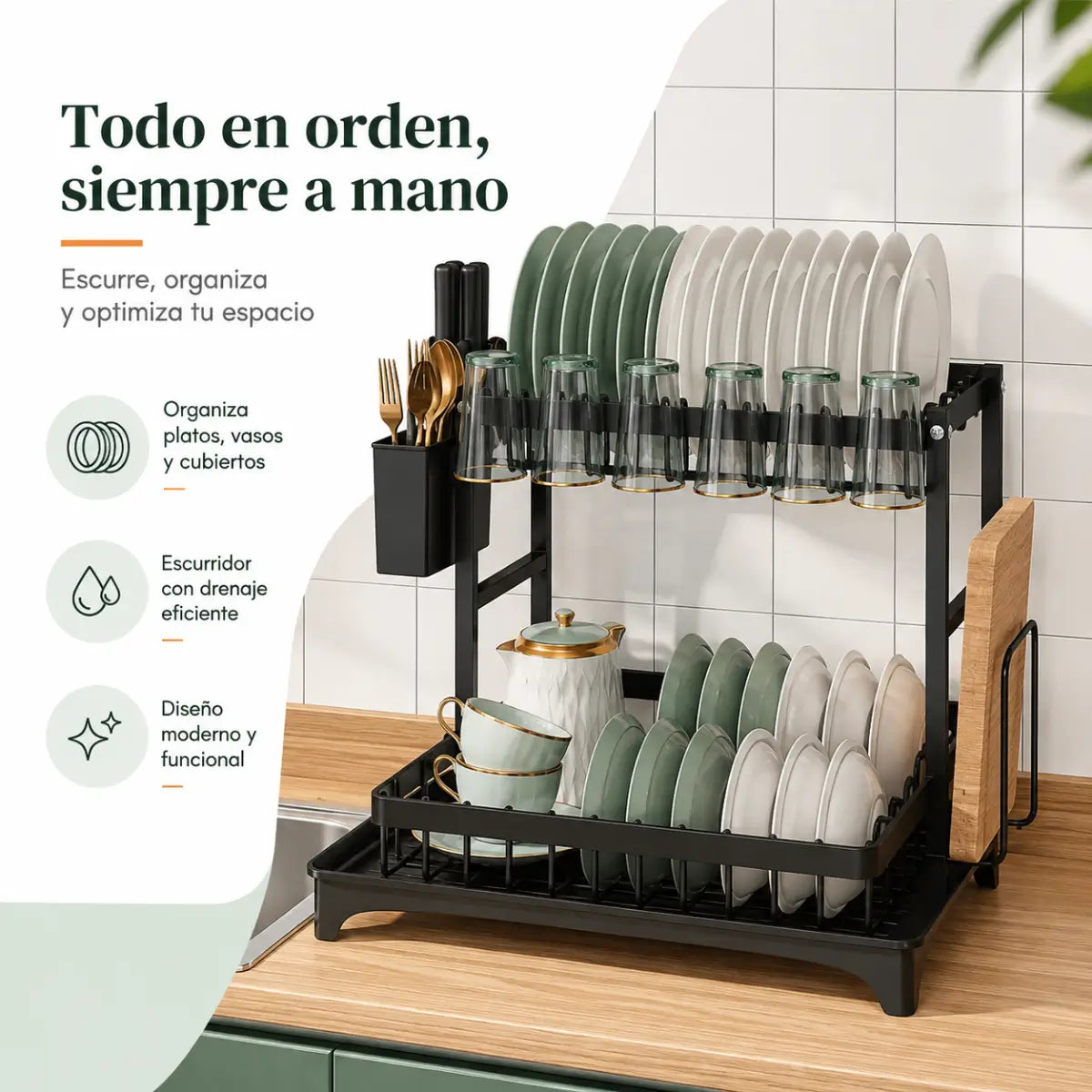 Escurridor de Platos de 2 Niveles con Drenaje Giratorio + Afilador de Cuchillos GRATIS