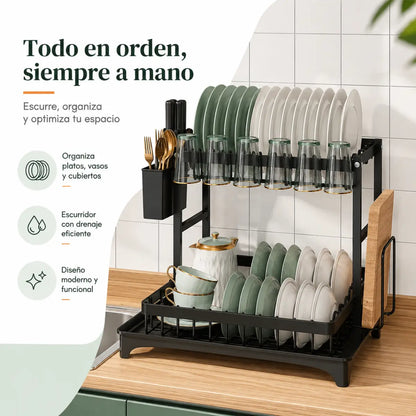 Escurridor de Platos de 2 Niveles con Drenaje Giratorio + Afilador de Cuchillos GRATIS