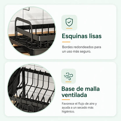 Escurridor de Platos de 2 Niveles con Drenaje Giratorio + Afilador de Cuchillos GRATIS