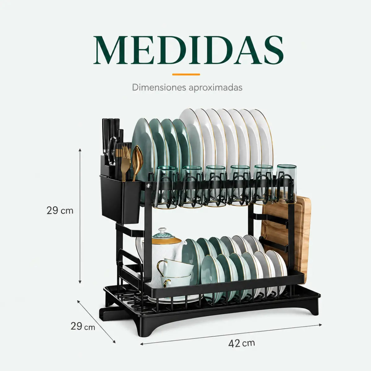 Escurridor de Platos de 2 Niveles con Drenaje Giratorio + Afilador de Cuchillos GRATIS