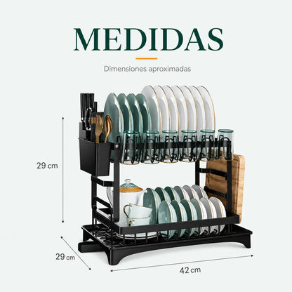 Escurridor de Platos de 2 Niveles con Drenaje Giratorio + Afilador de Cuchillos GRATIS