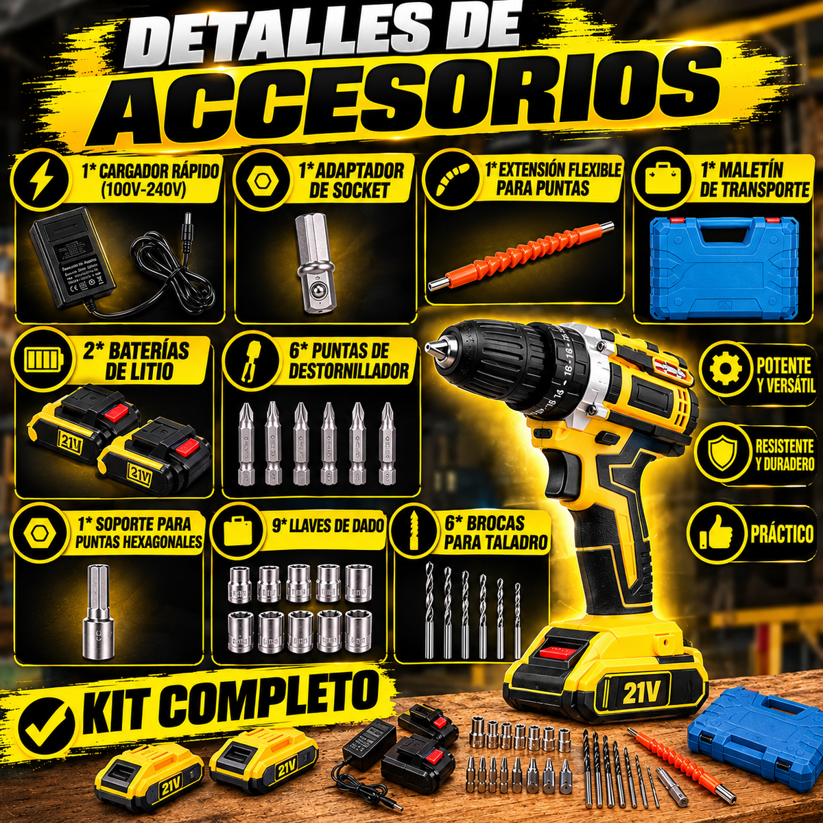 TaladroMax™ Inalámbrico + Kit con 2 Baterías y 24 accesorios