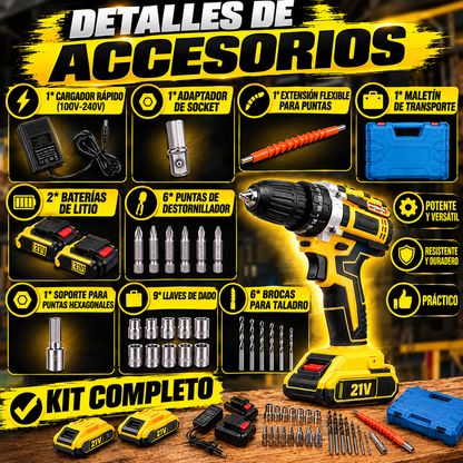 TaladroMax™ Inalámbrico + Kit con 2 Baterías y 24 accesorios
